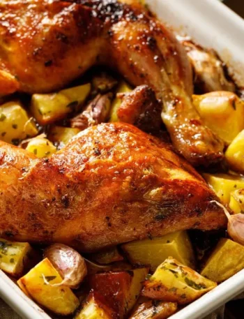 Sobrecoxa com batata e cebola - receita com afeto